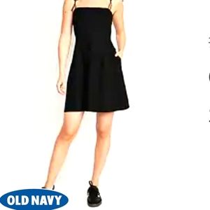 3x fit & flare tie strap black linen mini dress